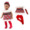 A doll wearing a red plaid dress with white fur trim, red tights, and red boots, accompanied by a separate red coat and dress
