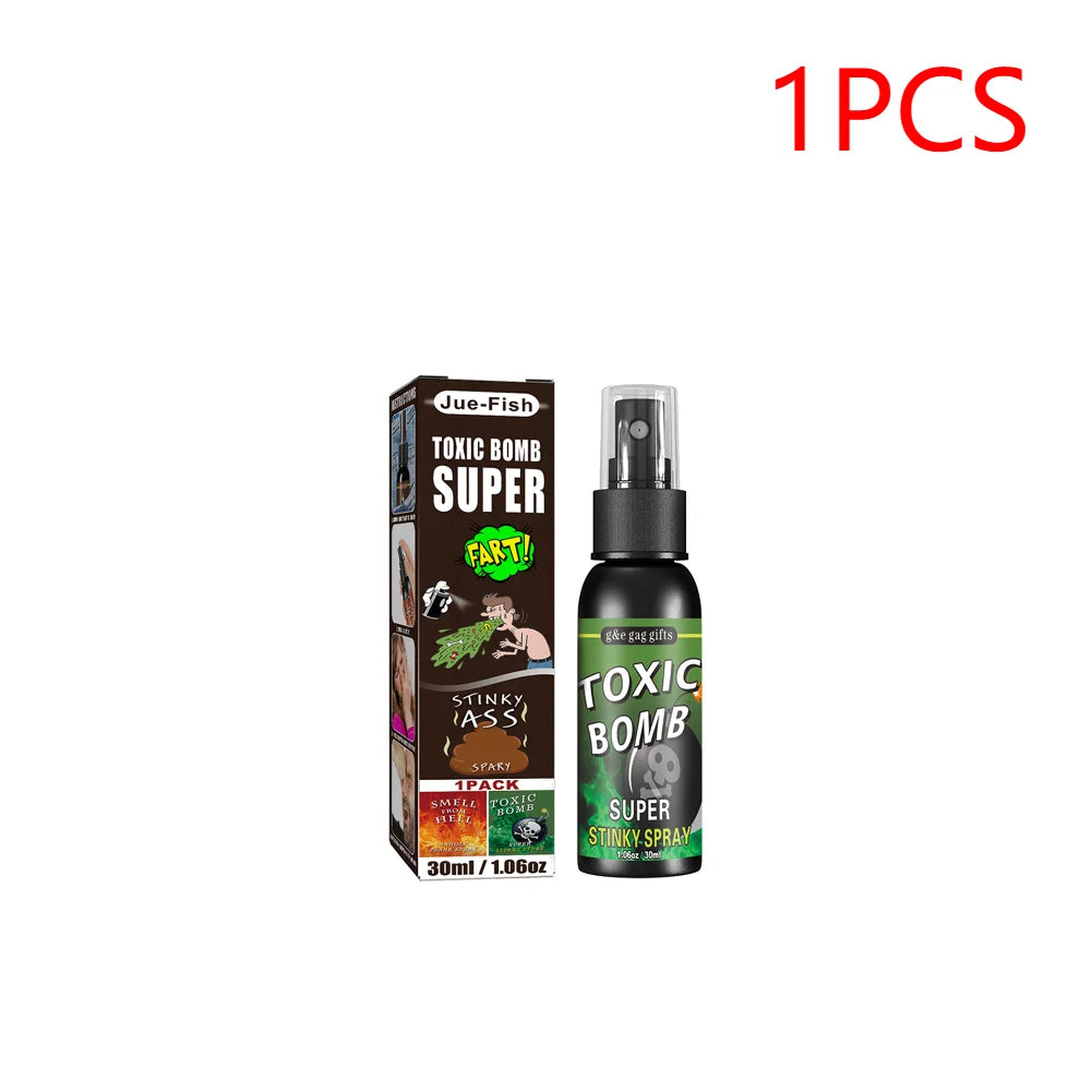 A black bottle of Toxic Bomb Super Stinky Spray prank gag with a silver pump and green label.