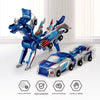 A blue and silver 2-in-1 transforming dinosaur car toy with accessories shown on a white background.
