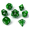 A collection of green polyhedral dice, including d4, d6, d8, d10, and d20, with a multicolor gold finish.