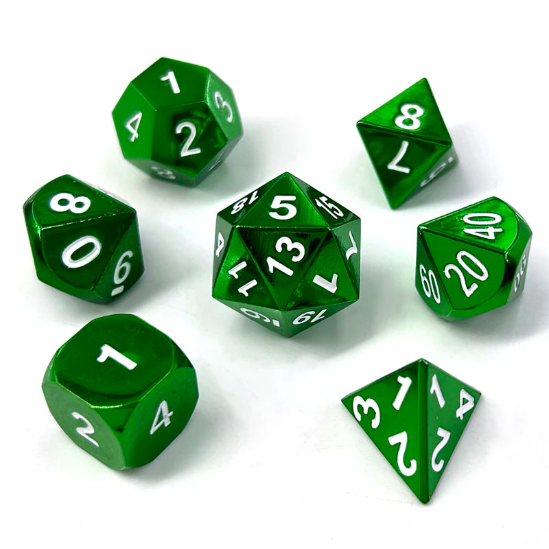 A collection of green polyhedral dice, including d4, d6, d8, d10, and d20, with a multicolor gold finish.