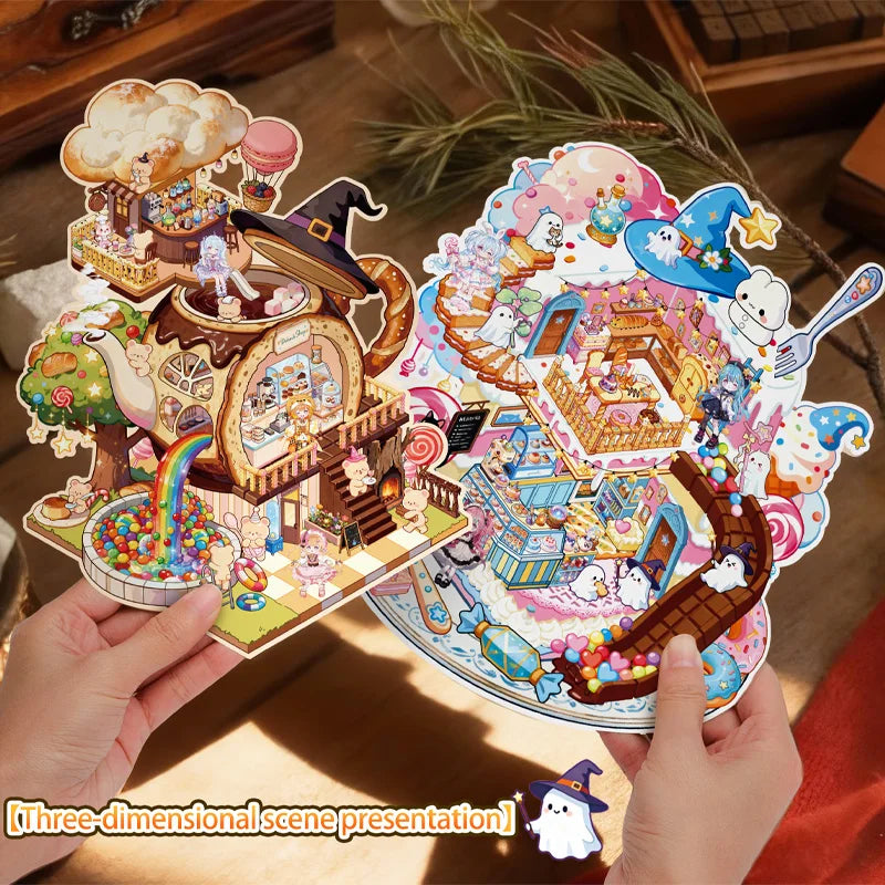 A hand holds a colorful 3D stereoscopic scene presentation sticker featuring a whimsical castle and magical elements.