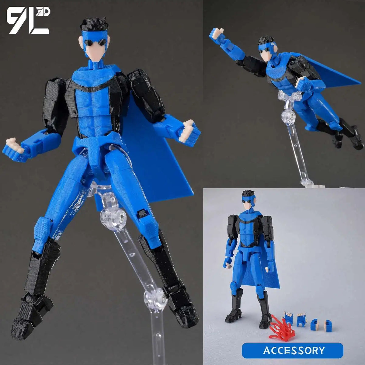 A fully articulated action figure of Jujutsu Kaisen Yuji Itadori in blue and black, shown in various poses with accessories.