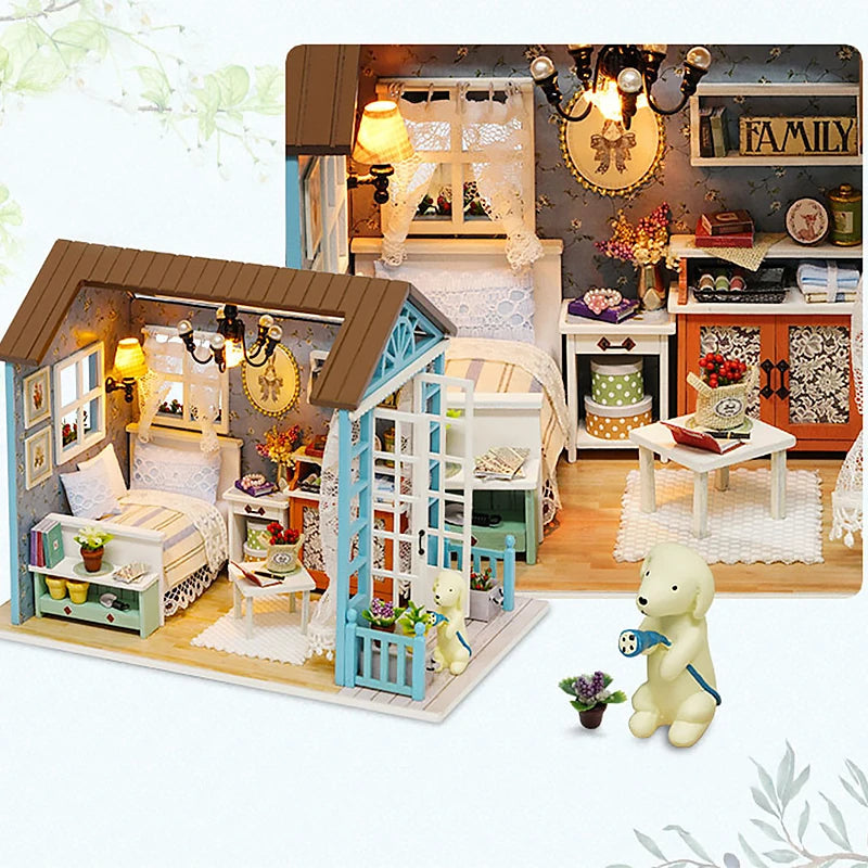 DIY Miniature Wooden Dollhouse Kit with LED Lighting
