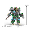 A gray and green exoskeleton combat robot built from interlocking plastic building blocks.