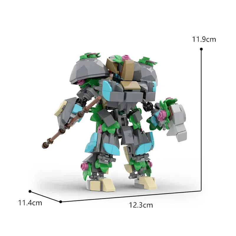 A gray and green exoskeleton combat robot built from interlocking plastic building blocks.