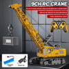 A yellow RC crane truck is shown lifting a hook, with a remote control battery and charging cable nearby.
