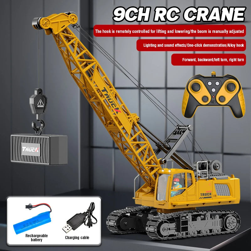 A yellow RC crane truck is shown lifting a hook, with a remote control battery and charging cable nearby.