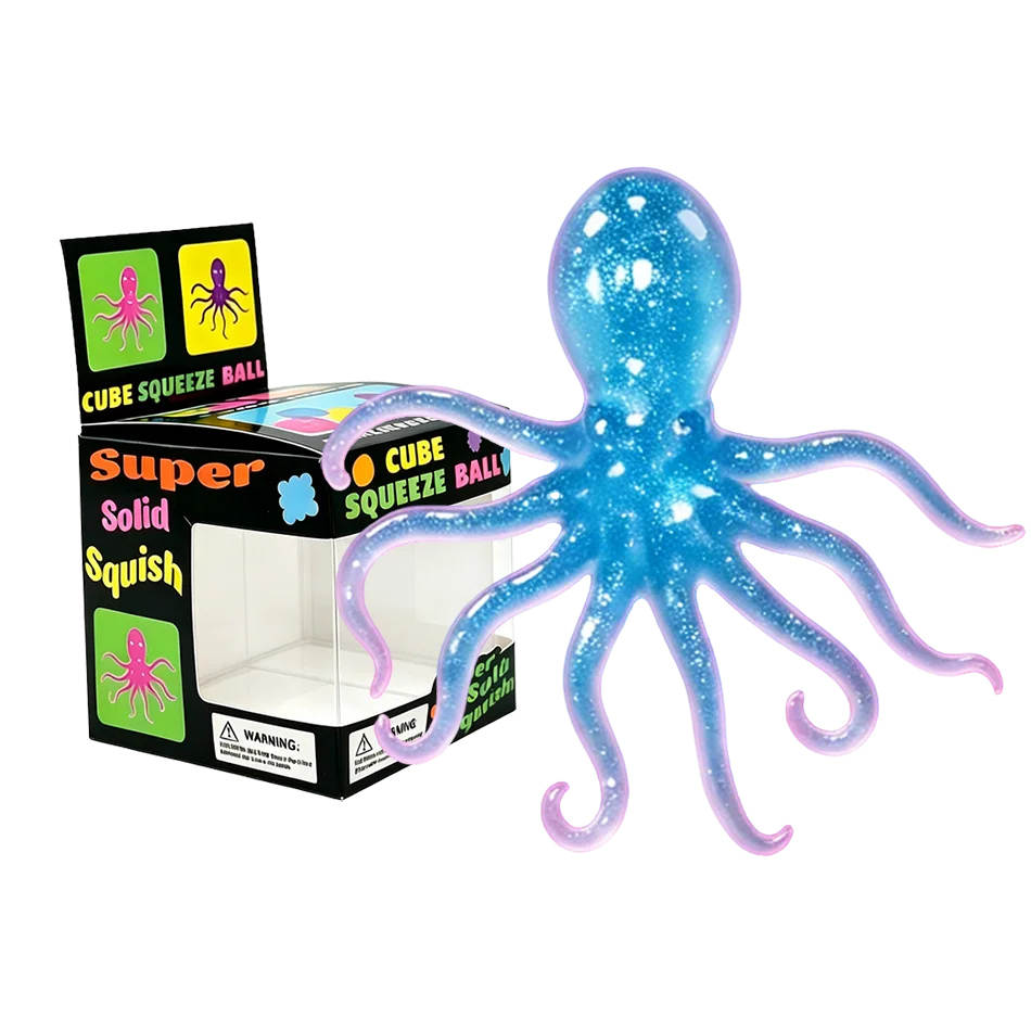 A bright blue squishy toy shaped like a jellyfish is shown next to its packaging box.