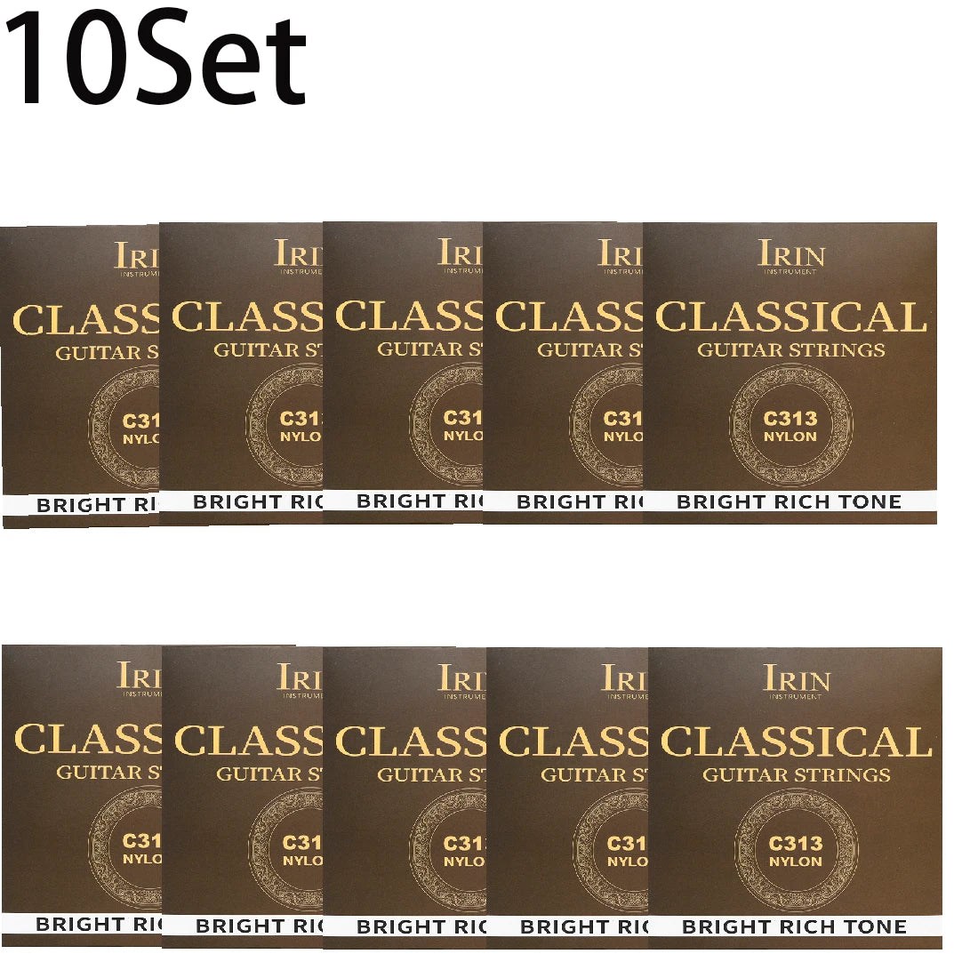 A set of 10 classical guitar strings featuring clear nylon and silver-plated copper wound strings.