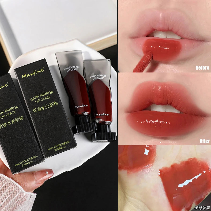 Before and after comparison of Maxfine Dark Mirror Lip Glaze applied to lips