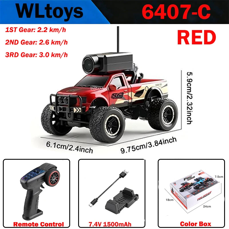 Red WLtoys 6407-C RC monster truck with FPV camera and live video display
