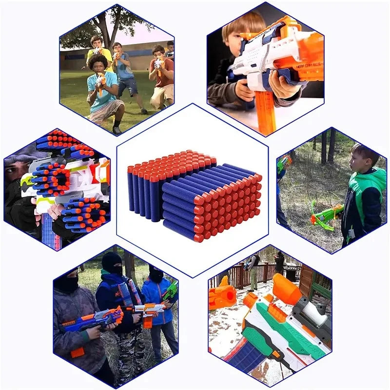 A collection of 100 blue round-head darts for toy blasters, shown in various configurations and usage contexts.