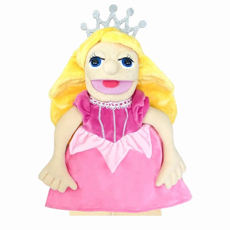 A plush hand puppet of a blonde woman wearing a crown and a pink dress.