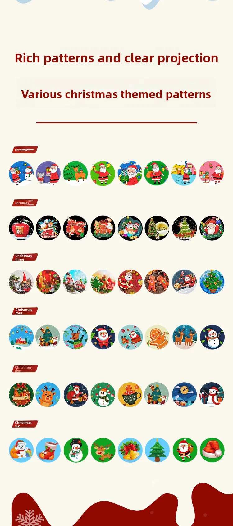 A collection of various Christmas themed patterns and projections for a flashlight toy.