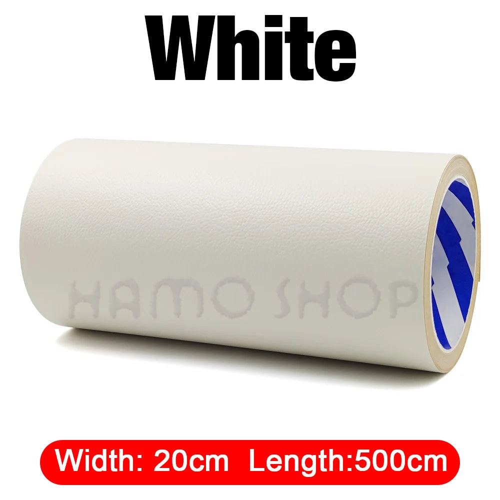 Patchs de cuir PU autocollants blancs, roulés, montrant des dimensions de 20 cm de largeur et 500 cm de longueur.