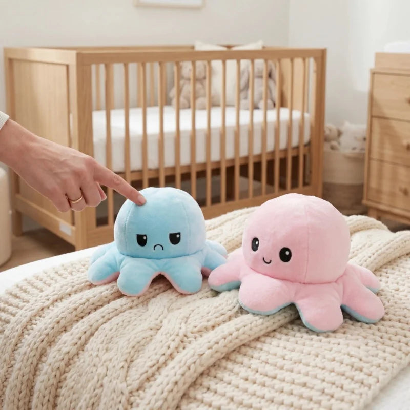 A hand points to a light blue octopus plush toy resting on a cream knitted blanket.