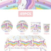 A set of unicorn party supplies including a unicorn face, various colored stars, and decorative elements for a birthday celeb