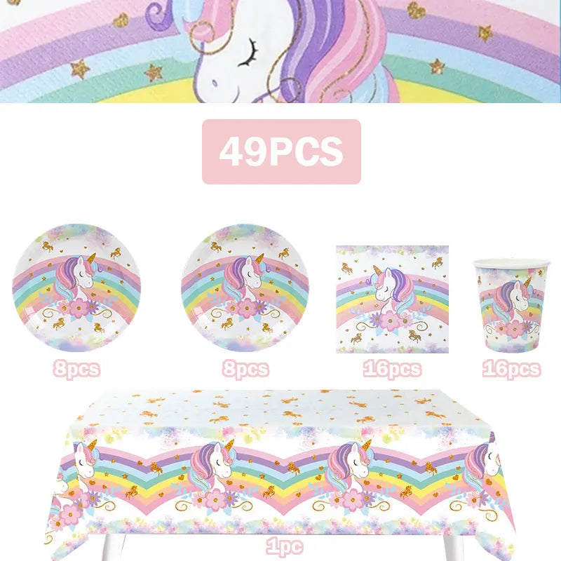 A set of unicorn party supplies including a unicorn face, various colored stars, and decorative elements for a birthday celeb