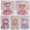 Three variations of a strawberry party doll outfit featuring pink and floral fabric with princess shoes.