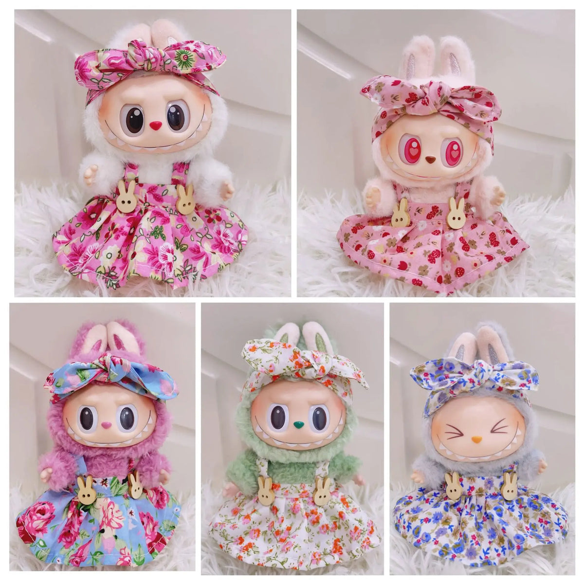 Three variations of a strawberry party doll outfit featuring pink and floral fabric with princess shoes.