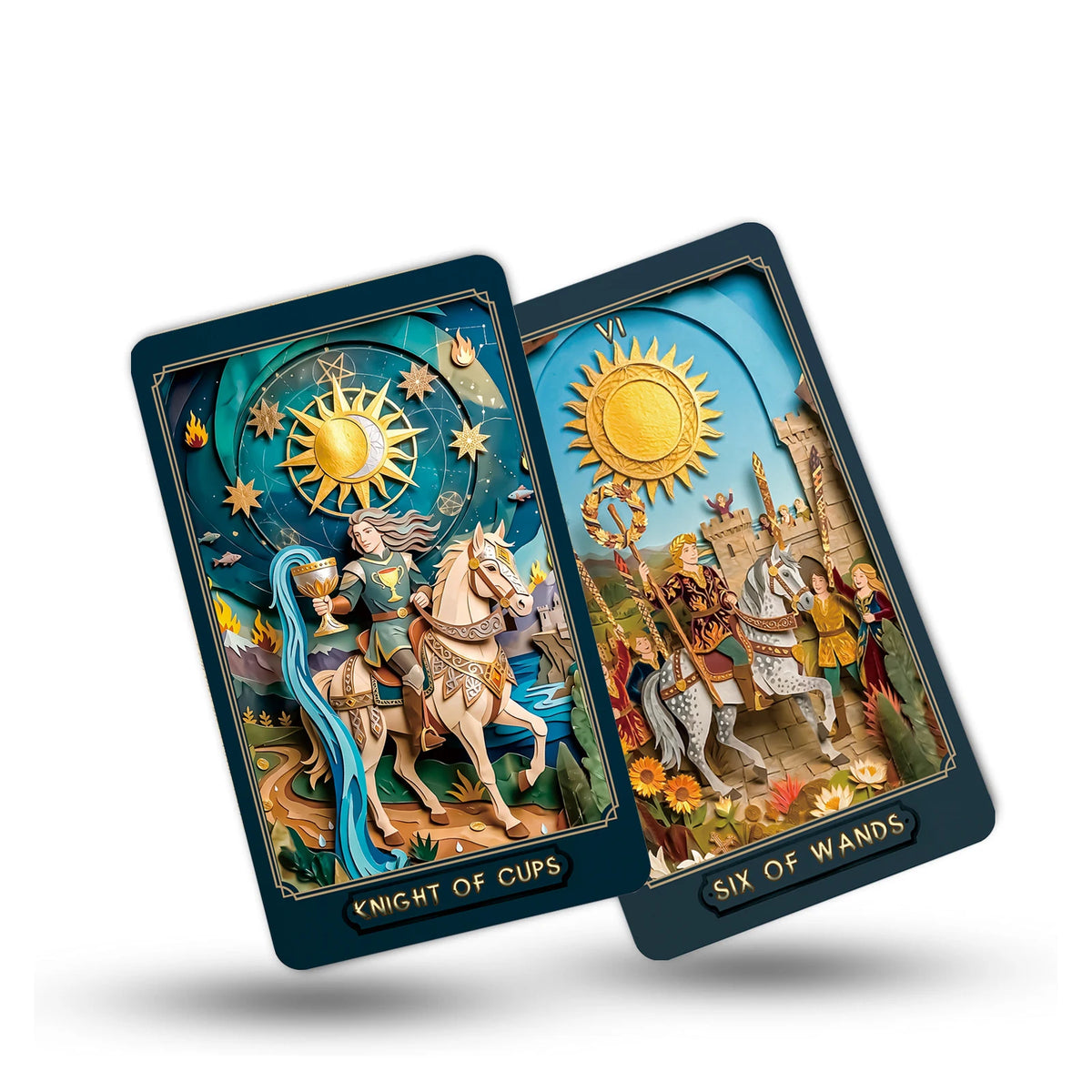 Two tarot cards from the Gilded Age deck featuring gold suns and knights in detailed paper cut art.