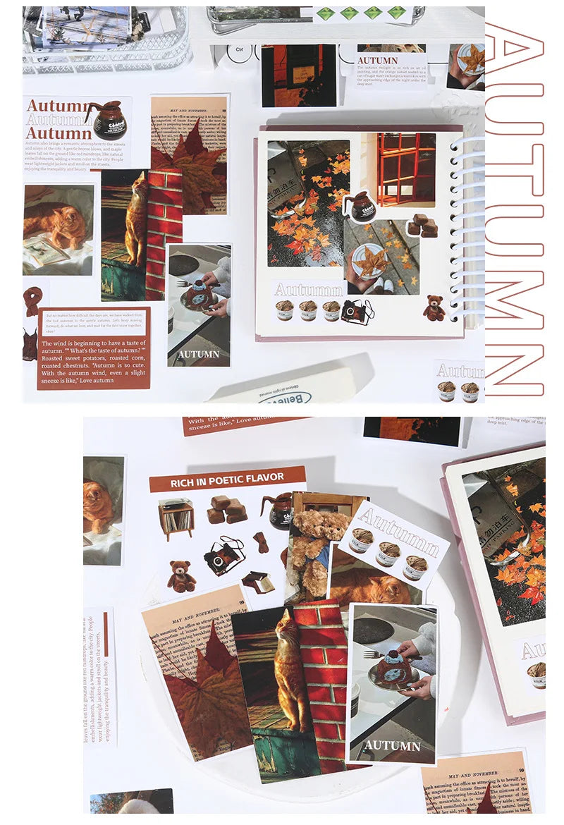 A collection of 50 pieces of four seasons scenery stickers featuring autumn themes and seasonal imagery.