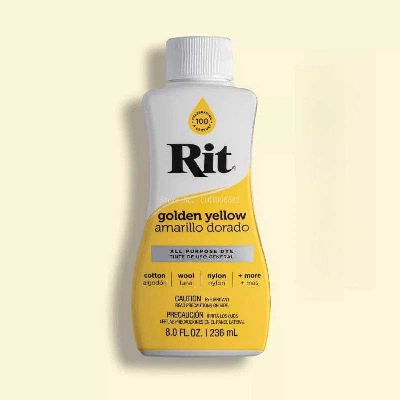 Bottle of golden yellow Rit all purpose dye liquid with a white cap