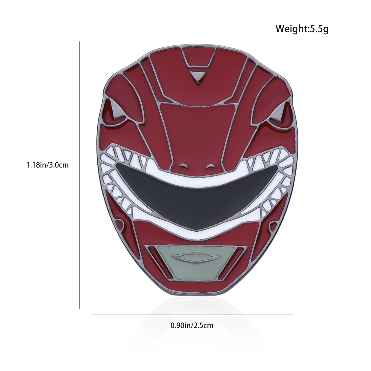 A red and white enamel pin featuring a dinosaur ranger battle suit and helmet design.
