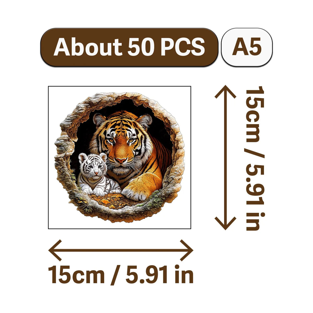 A wooden jigsaw puzzle showing a tiger and a cub inside a natural hollow.