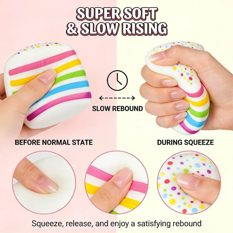 A hand squeezes a rainbow colored squishy toy, demonstrating slow rebound and satisfying relief.