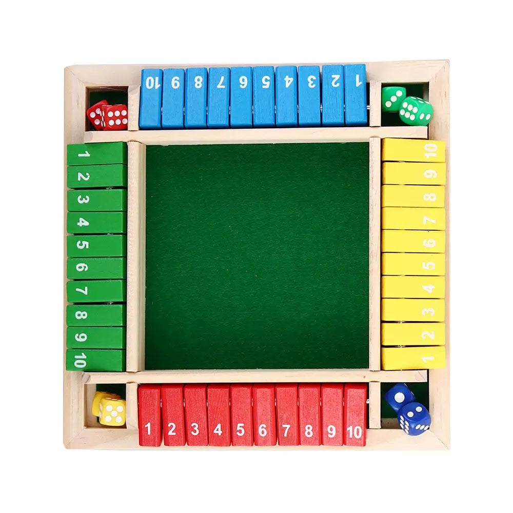 Wooden shut the box dice game featuring numbered wooden blocks and dice in a wooden frame