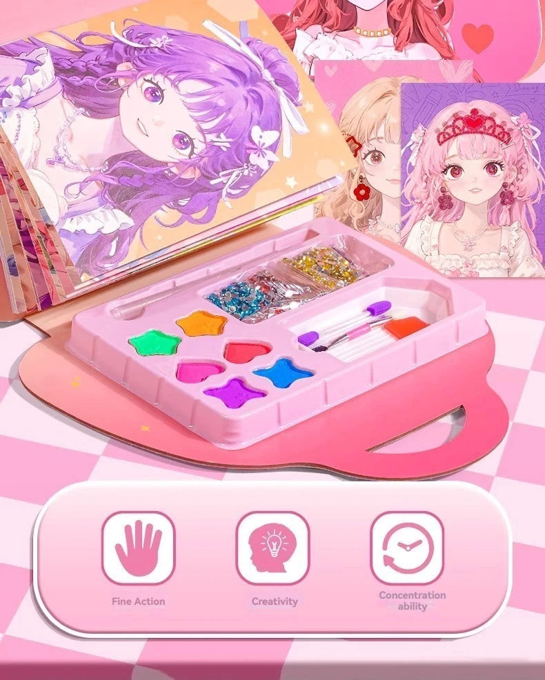 A pink craft kit featuring diamond painting, stickers, and a paper book for creating princess designs.