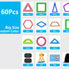 A collection of magnetic building tiles in various shapes and colors, packaged as a 60 piece set with different sized tiles.