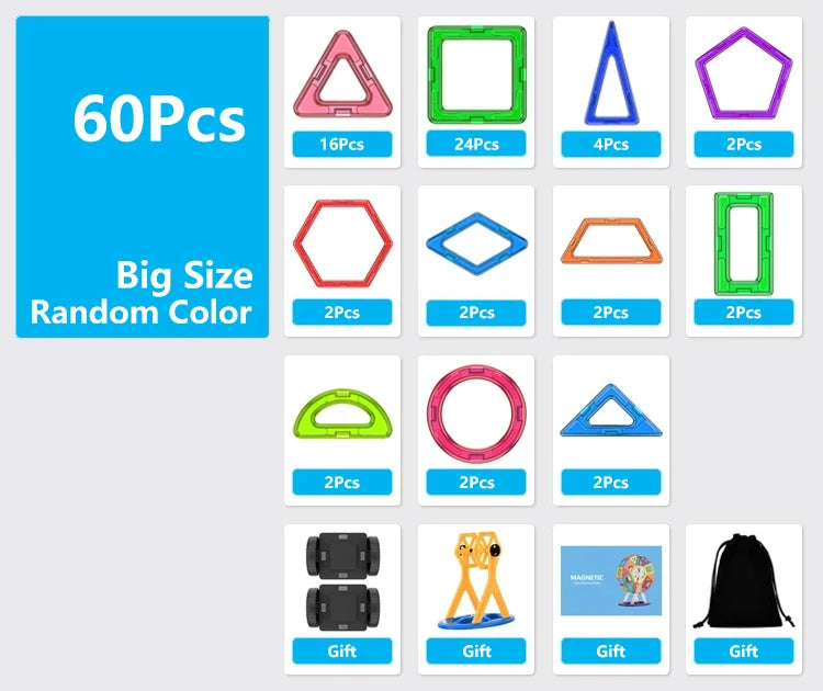 A collection of magnetic building tiles in various shapes and colors, packaged as a 60 piece set with different sized tiles.