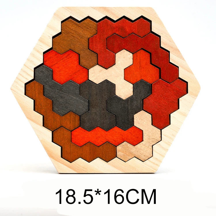 A wooden tangram puzzle set featuring geometric shapes in shades of orange, red, brown, and black.