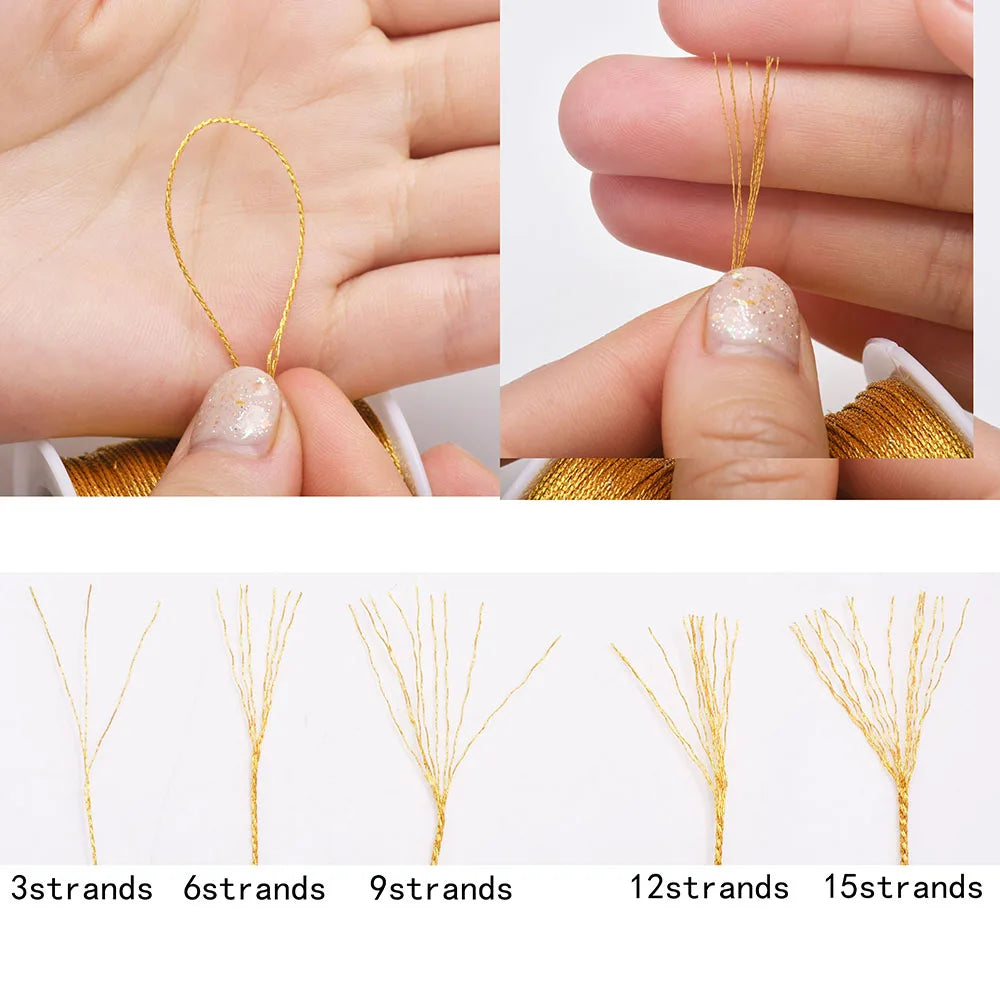 Close-up of metallic craft cord in various strands for jewelry making, shown being used on a finger.