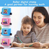 A girl is using a roller digital stamp to practice math skills with a parent.