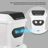 A white trash can toy with a black lid and blue light, demonstrating a double-sided mood feature.