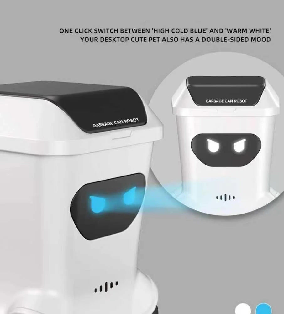 A white trash can toy with a black lid and blue light, demonstrating a double-sided mood feature.