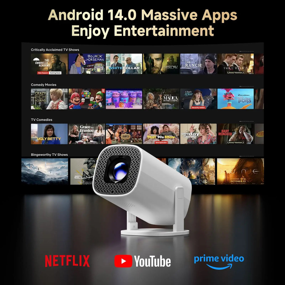 A white P30 Pro Smart Mini Projector is displayed with various streaming service logos below it.