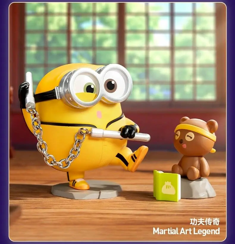 A yellow Minions collectible figure wearing goggles sitting next to a small brown bear figure.