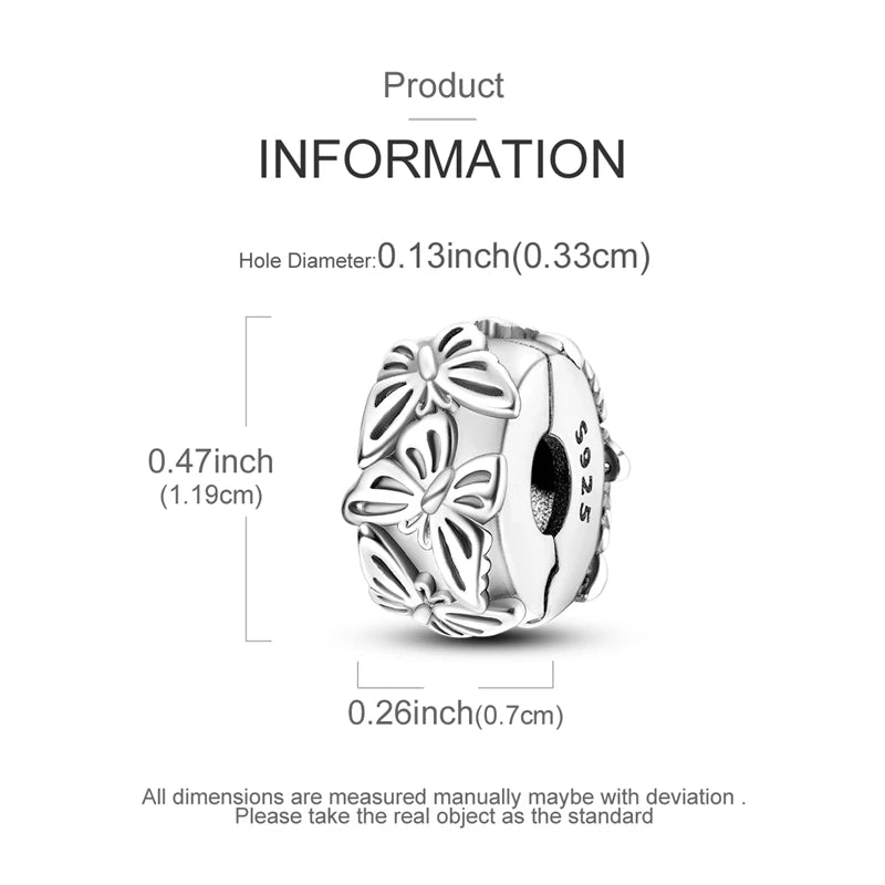 A sterling silver charm bead with a flower design shown in a product information context.