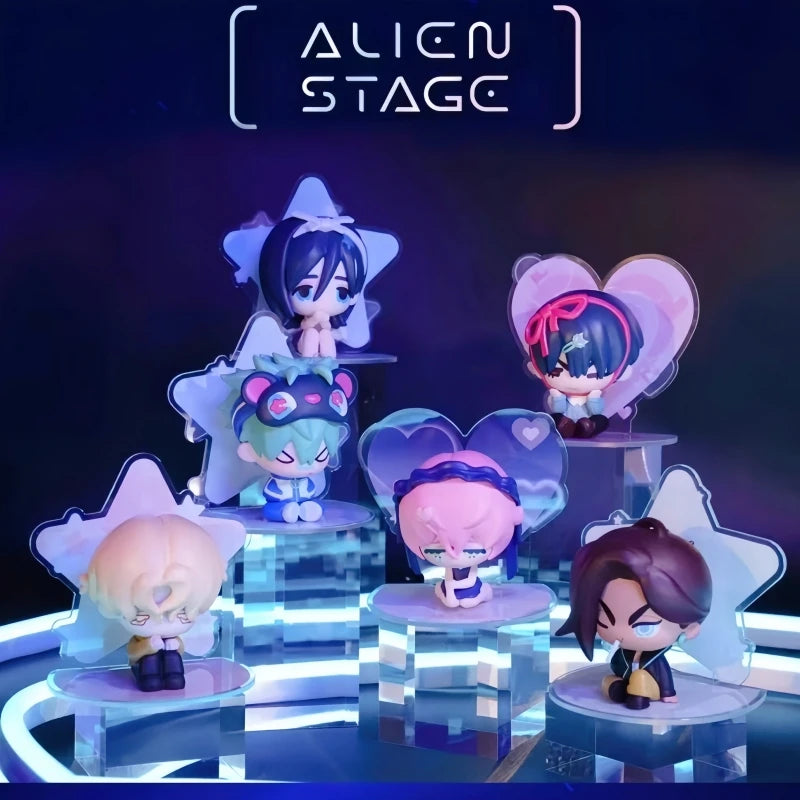 A collection of mini figures featuring characters from Alien Stage displayed on clear acrylic stands.