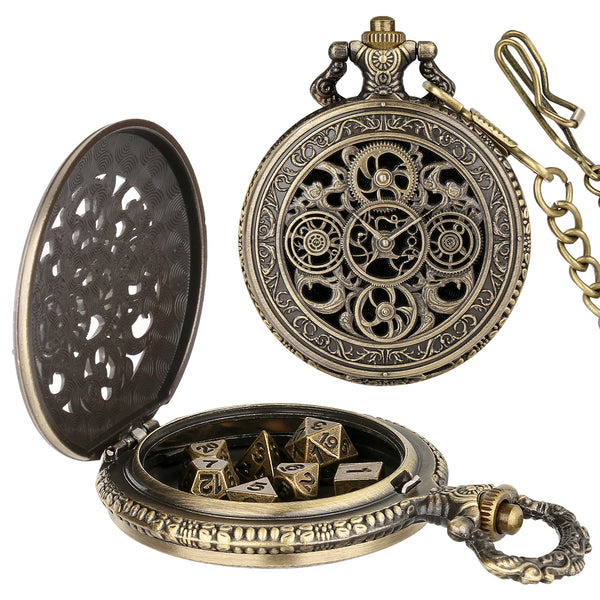 Vintage Pocket Watch Style Dice Set with 7 Polyhedral Metal Dice