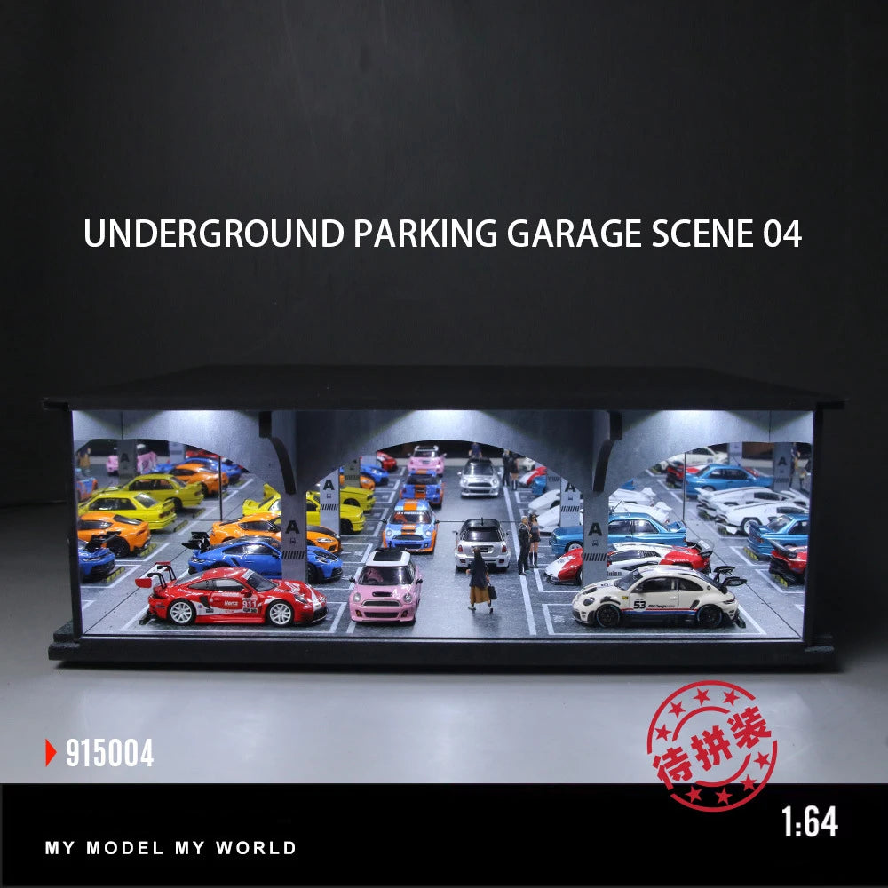 1:64 scale LED light-up underground parking garage diorama featuring diecast cars.