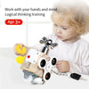 A child is playing with a wooden busy cube toy that features various tools and sensory elements for logical thinking training