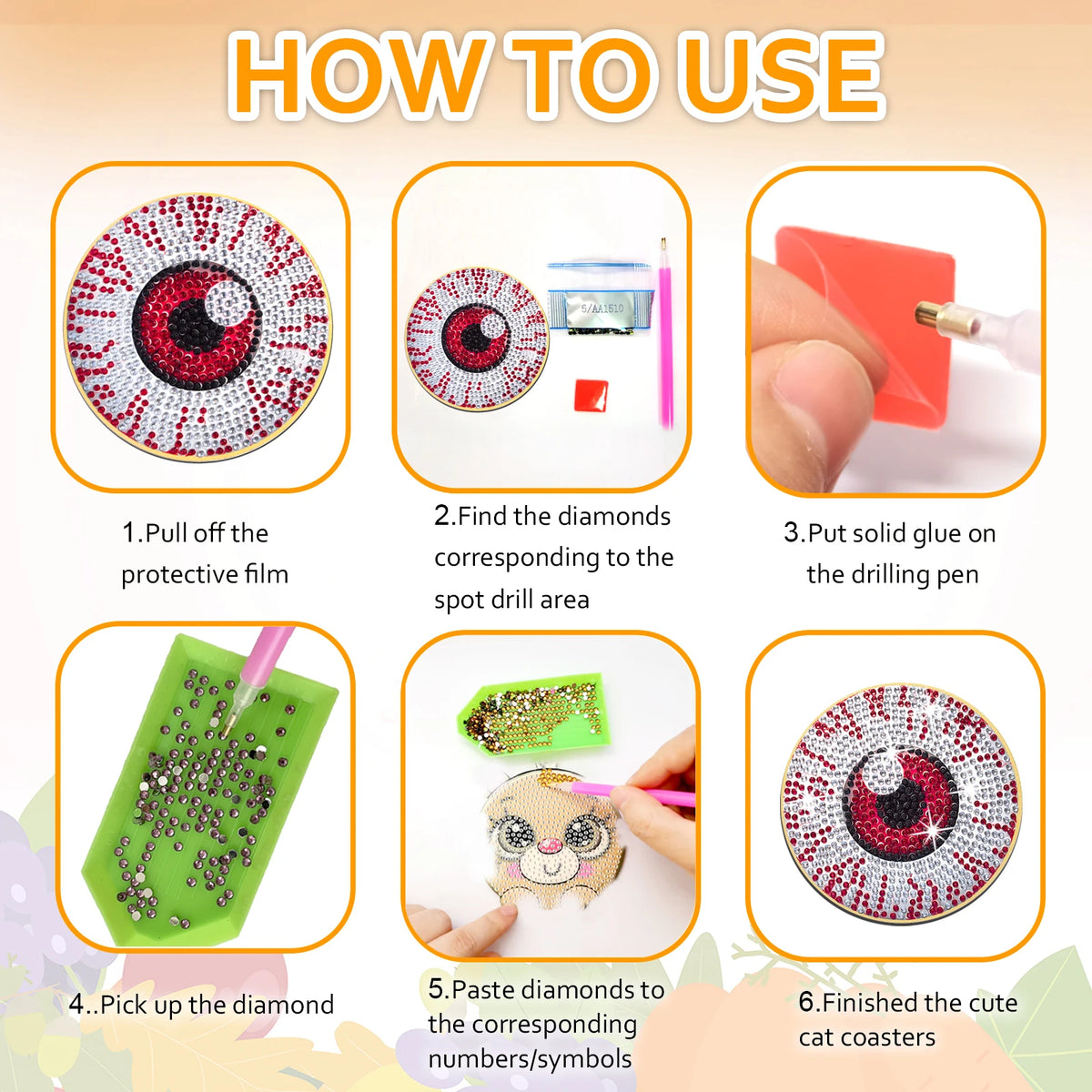 Instructions for making a DIY diamond art coaster set with a spider web Halloween design using a drilling pen and glue.