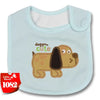 Light blue baby feeding bib with a cartoon dog design