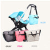 A set of blue stroller accessories including a rain cover, mosquito net, and various colored bags like gray, pink, and beige.